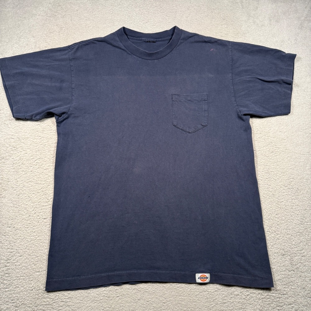 Vintage Dickies Pocket T-Shirt Mens L Navy Blue Single Stitch Sun Faded Workwear